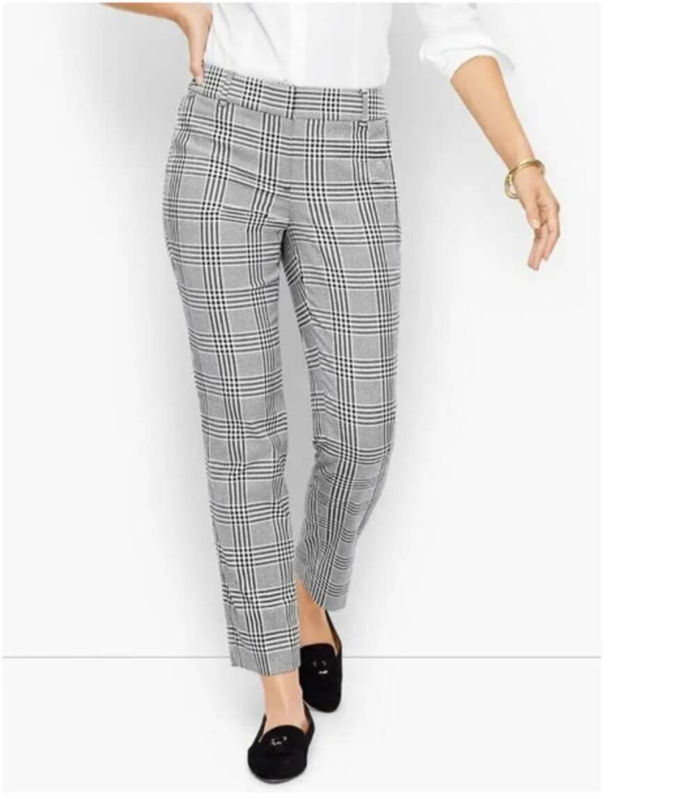 Talbots Hampshire Ankle Pant Size 10 Black White Glen Plaid Stretch Trousers
